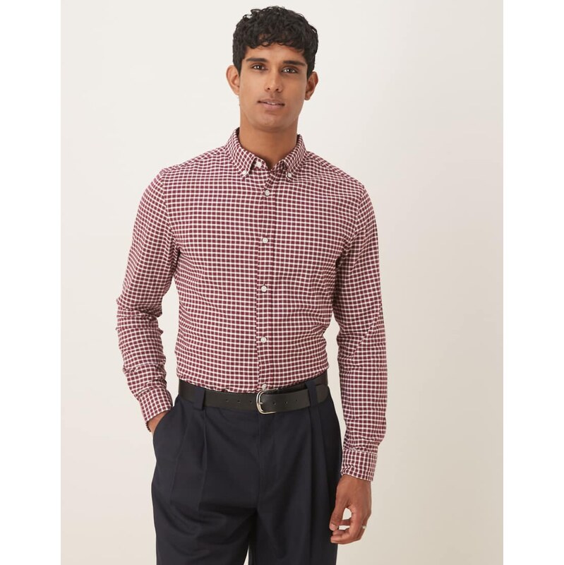 ASOS DESIGN slim fit check shirt in burgundy-Red