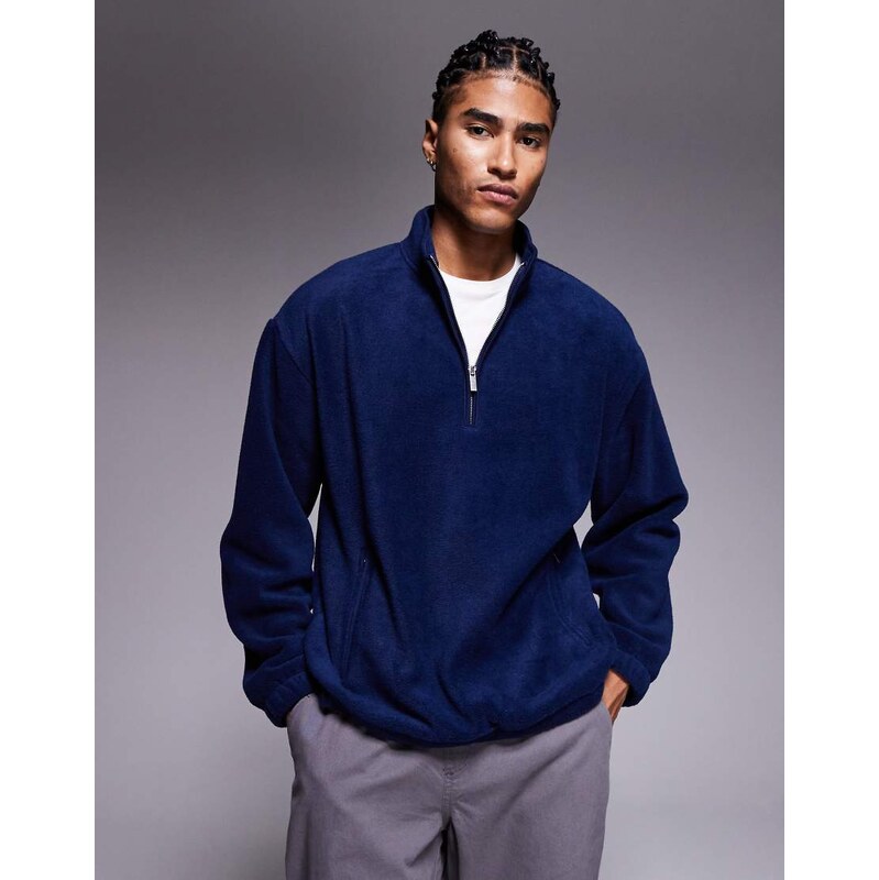 ASOS DESIGN relaxed boxy quarter zip fleece sweatshirt in blue