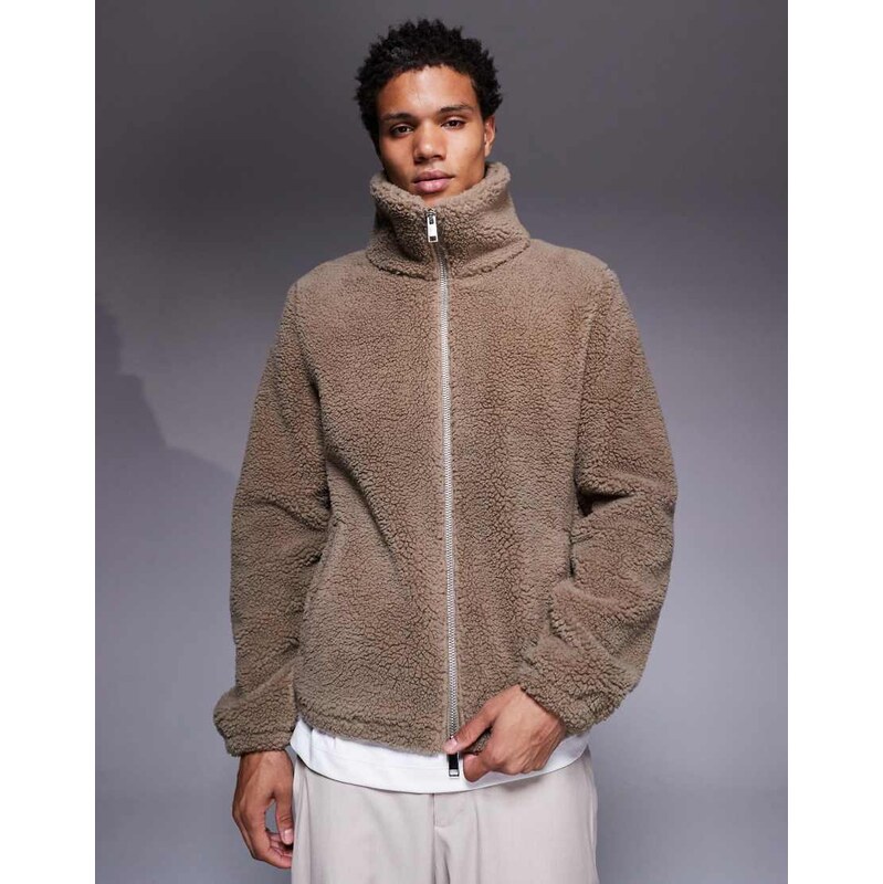 ASOS DESIGN relaxed funnel neck zip through borg sweatshirt in beige-Neutral
