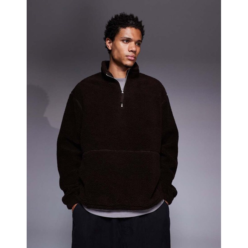 ASOS DESIGN relaxed funnel neck quarter zip borg sweatshirt in dark brown
