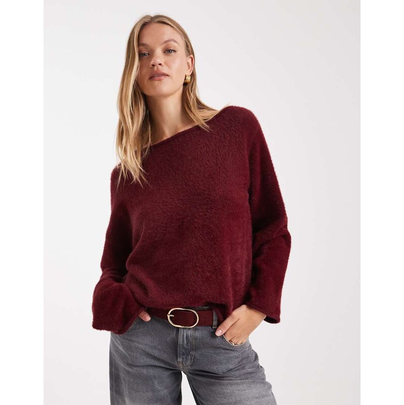 ASOS DESIGN eyelash off shoulder jumper in plum-Purple