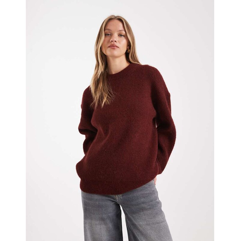 ASOS DESIGN oversized crew neck cocoon jumper in rib in burgundy-Red