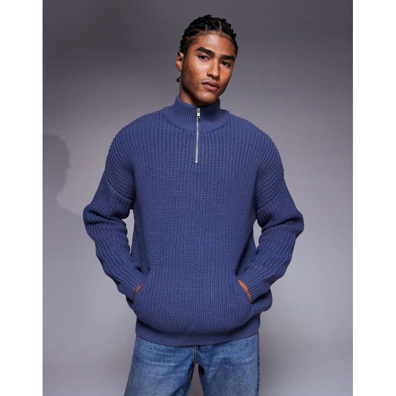 ASOS DESIGN oversized heavyweight knitted half zip jumper in navy