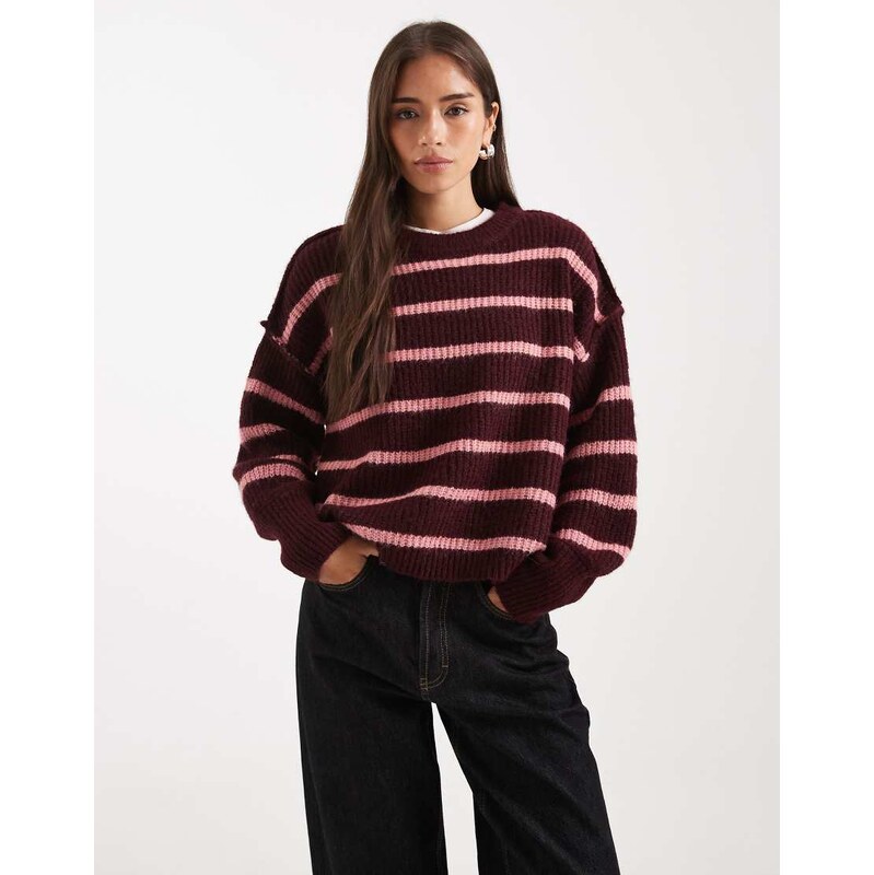 ONLY oversized slouchy jumper in burgundy and pink stripe-Red 115740599