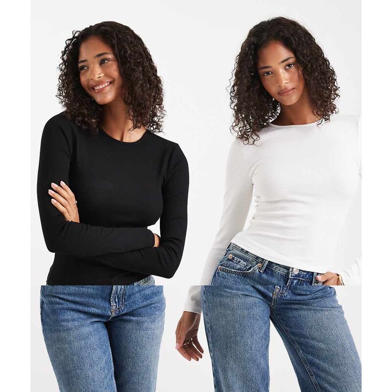 Miss Selfridge 2 pack long sleeve rib crew neck top in white and black 115440968
