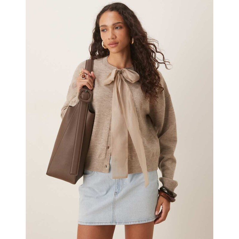 Glamorous tie neck knit jumper in coffee oat-Brown