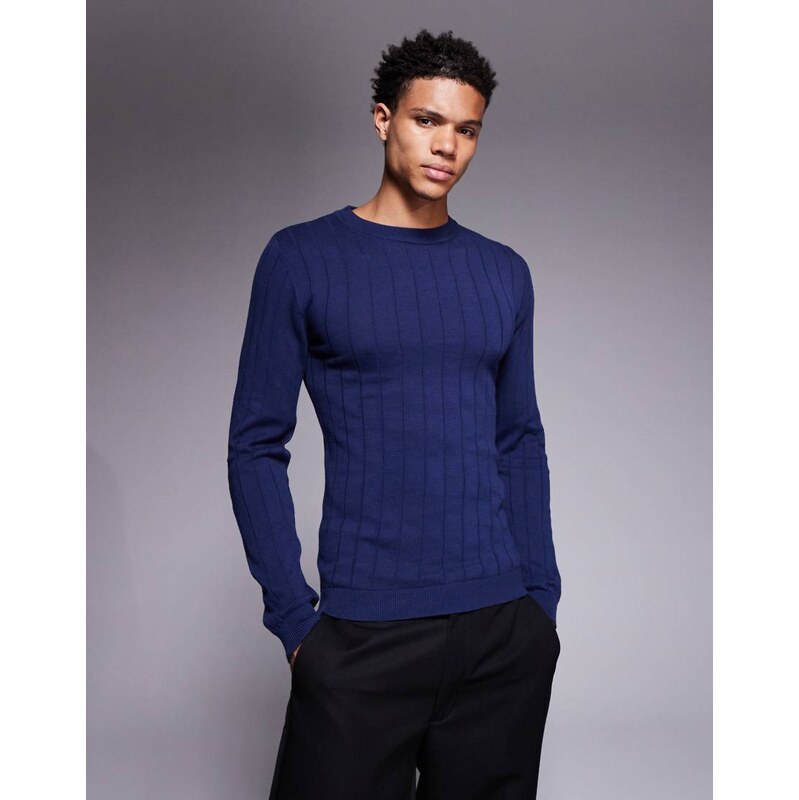 ASOS DESIGN muscle fit long sleeve knitted rib t-shirt in navy