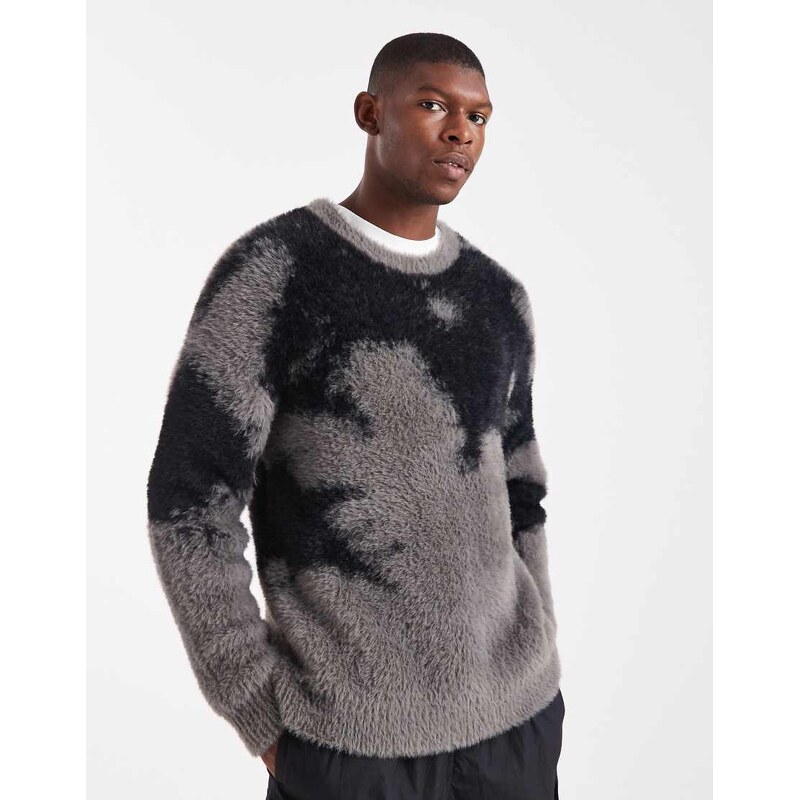 ASOS DESIGN relaxed fluffy knitted jumper in black and grey