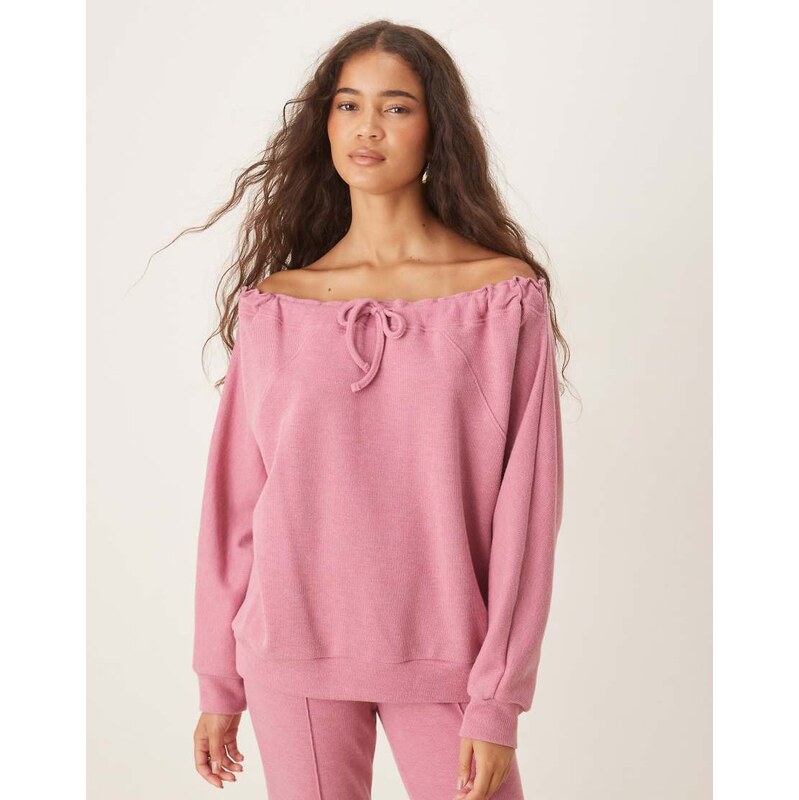 ASOS DESIGN Supersoft drawcord off shoulder sweatshirt in pink - PINK 110988238