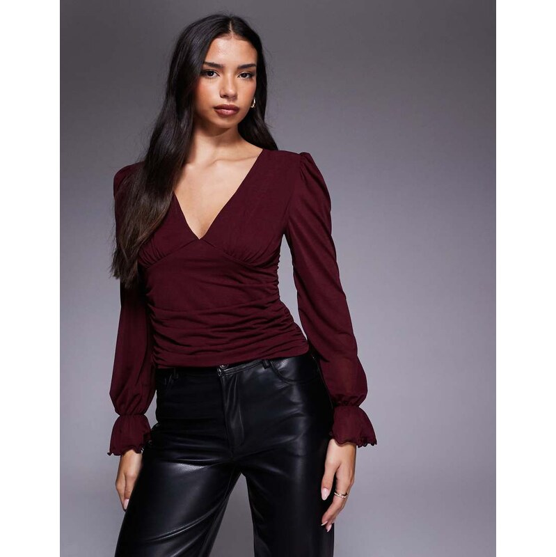 ASOS DESIGN semi sheer long sleeve v-neck top in burgundy-Red