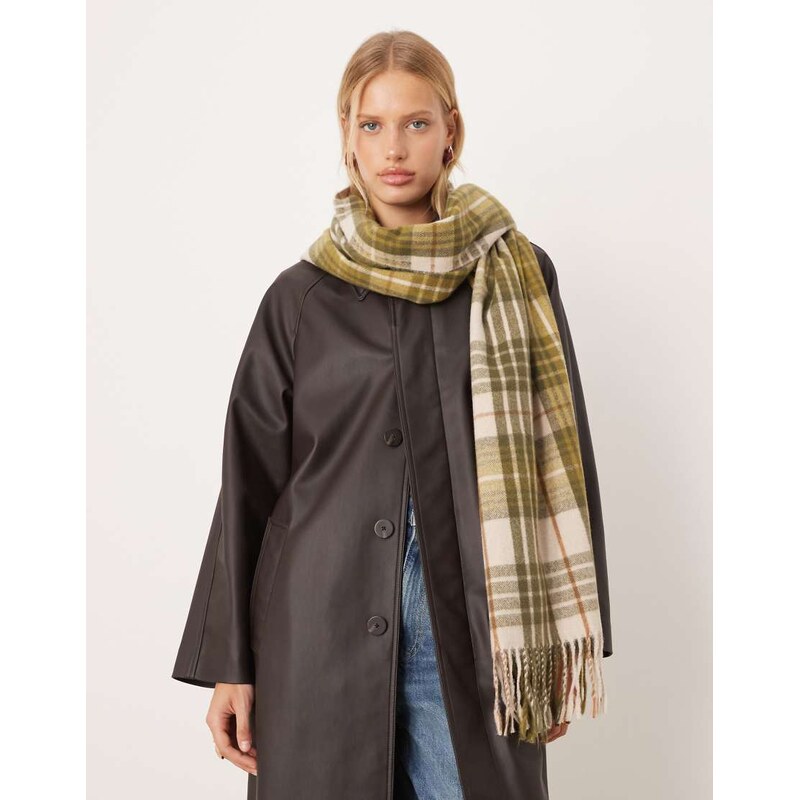 Mango checked scarf in khaki-Green