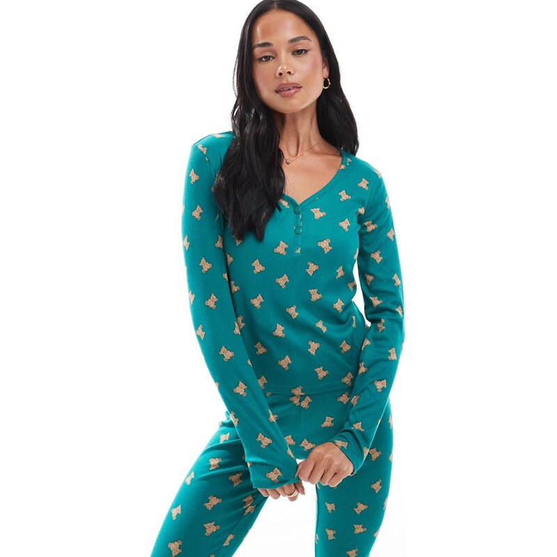 Urban Threads teddy print rib henley pyjama top in teal-Blue
