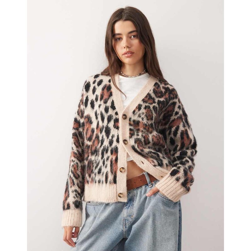 Reclaimed Vintage boxy v-neck cardigan in animal print-Neutral 108809636