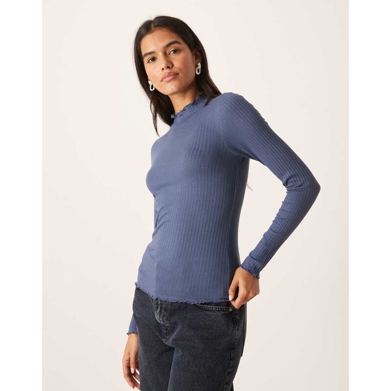 JDY lettuce edge long sleeve top in vintage blue 115516402