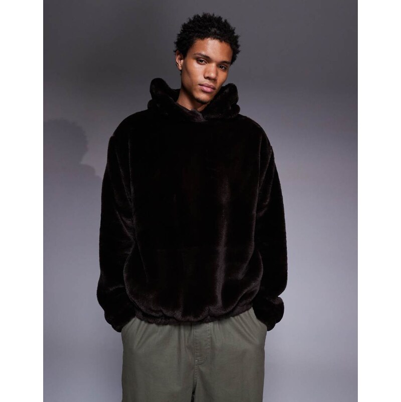 ASOS DESIGN relaxed faux fur hoodie with side entry pockets in brown