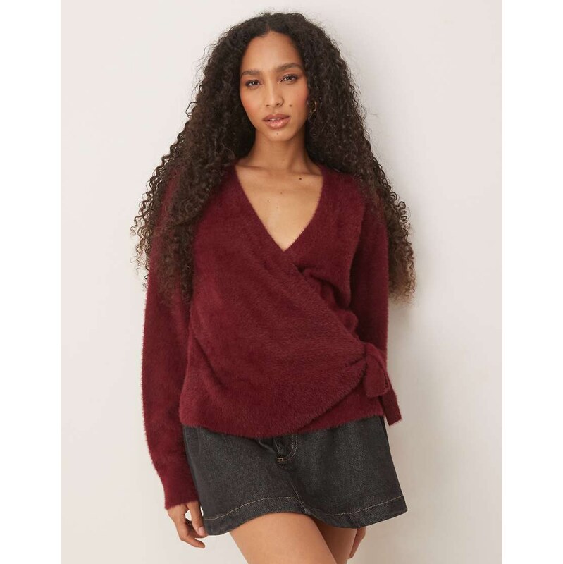 ASOS DESIGN knitted eyelash wrap cardigan in plum-Purple