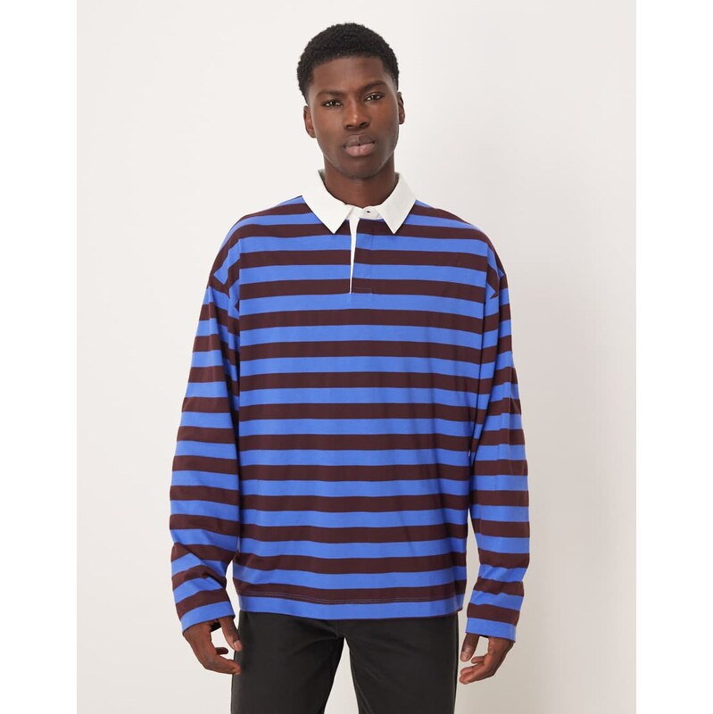 ASOS DESIGN heavyweight oversized long sleeve rugby polo in blue