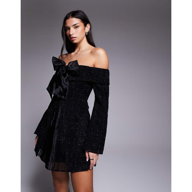 ASOS LUXE boucle bardot mini dress with pleated skirt and bow in black 108809723