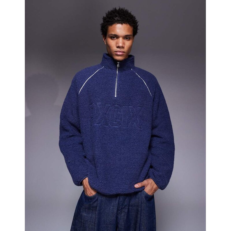 ASOS DESIGN funnel neck borg sweatshirt with chest print in blue