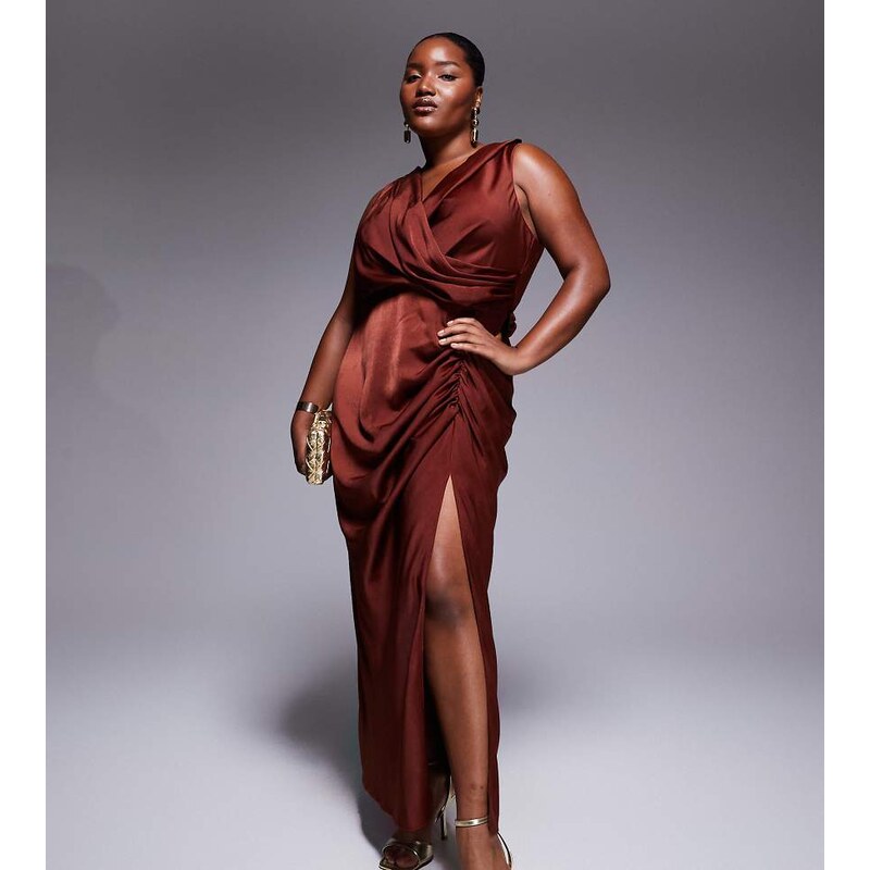 ASOS Curve ASOS DESIGN Curve satin drape front split detail maxi dress 108809779