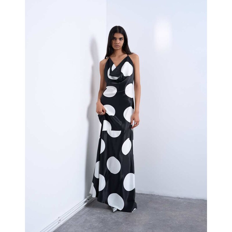 Topshop occasion cowl neck dress in mono polka dot print-Black