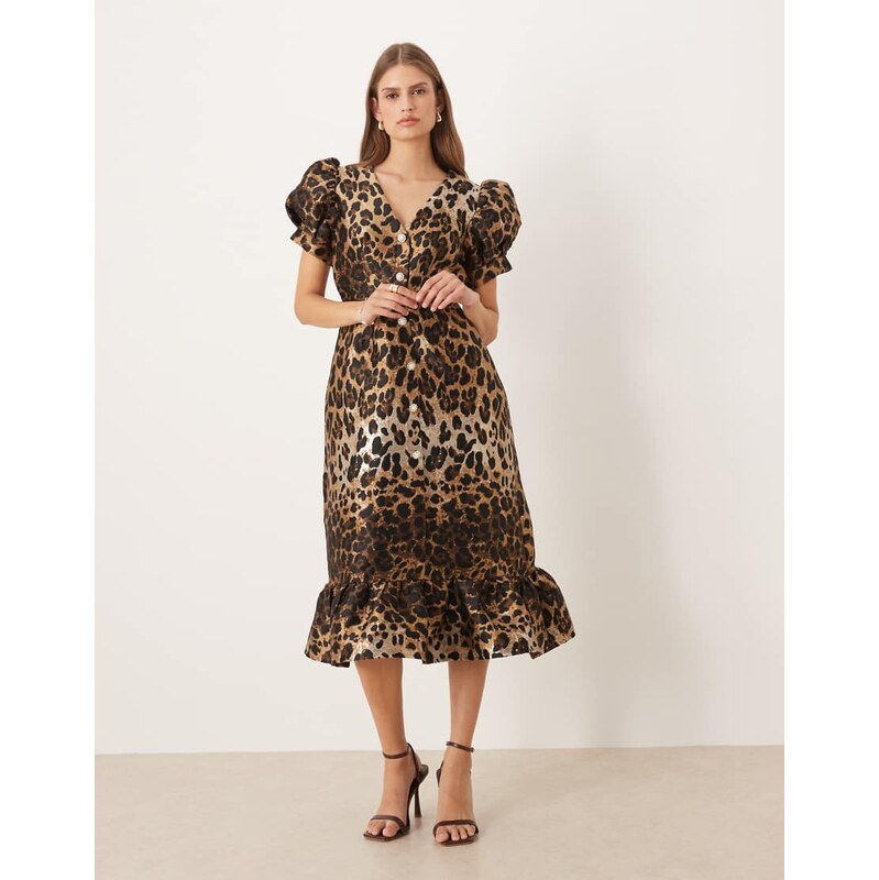 Sister Jane button front jacquard midi dress in leopard print-Brown 108809875