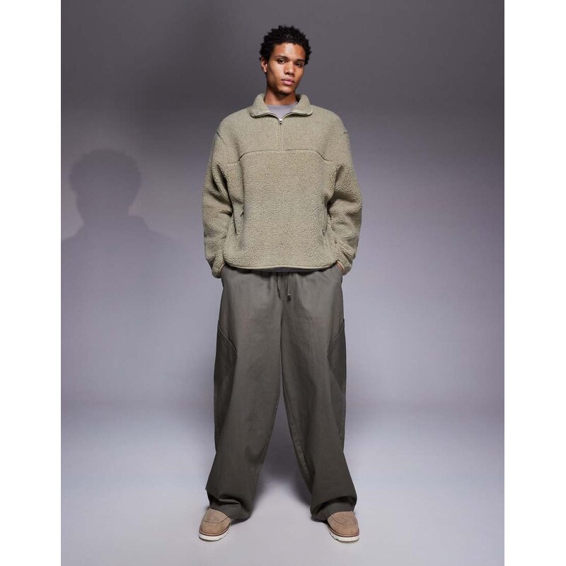 ASOS DESIGN relaxed quarter zip funnel neck borg sweatshirt in stone-Neutral