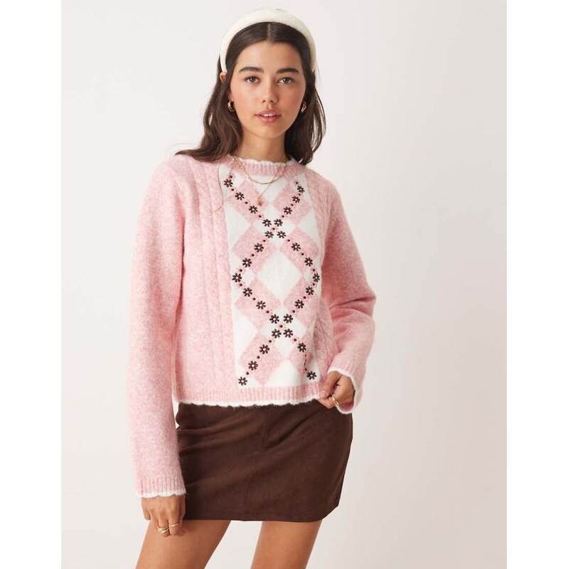 Miss Selfridge diamond floral embroidered knit jumper-Pink 108821446