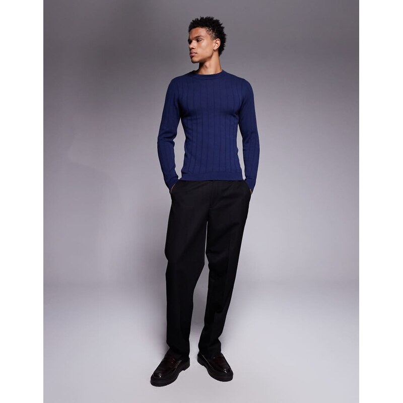 ASOS DESIGN muscle fit long sleeve knitted rib t-shirt in navy