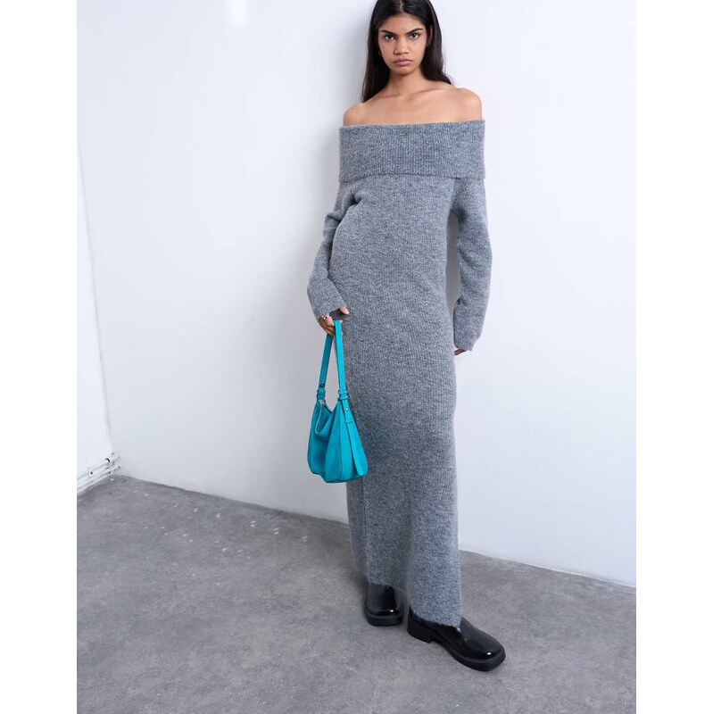 Topshop knitted bardot maxi dress in grey