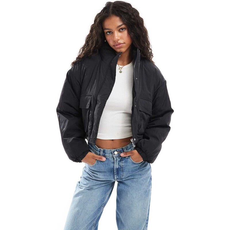 Brave Soul funnel neck short padded jacket with pockets in black