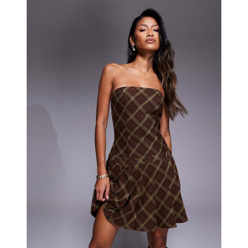 Kaiia exclusive bandeau 90s heritage check pleated skirt mini dress in 109781385