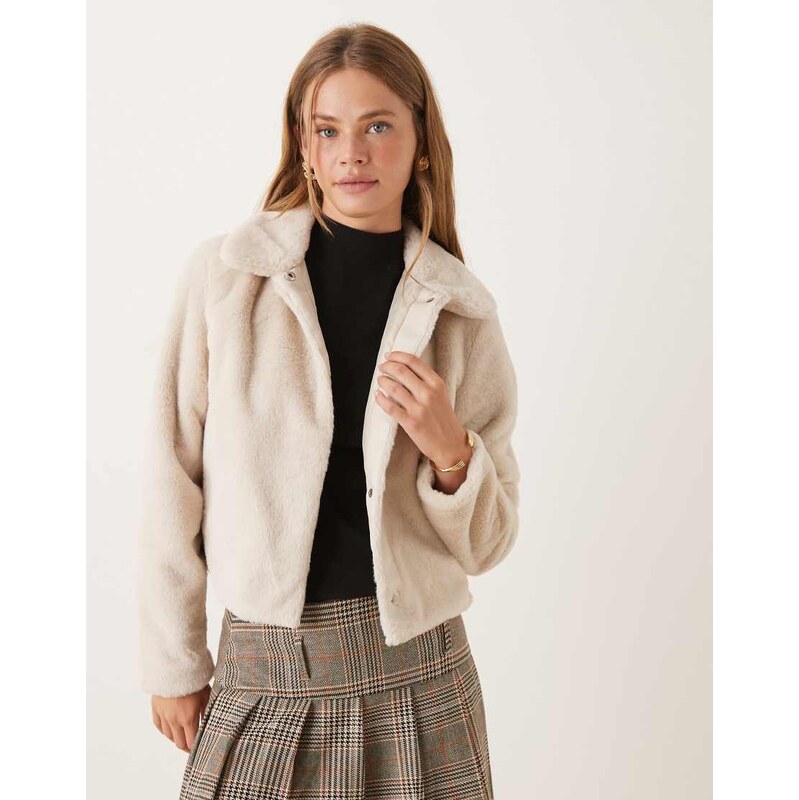 JDY faux shearling fur cropped jacket in cream-White 115511598