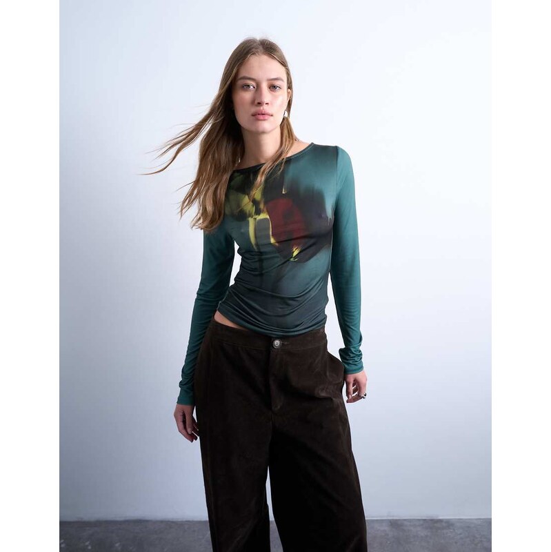 Topshop microfibre high neck tulip print top in green 108901205