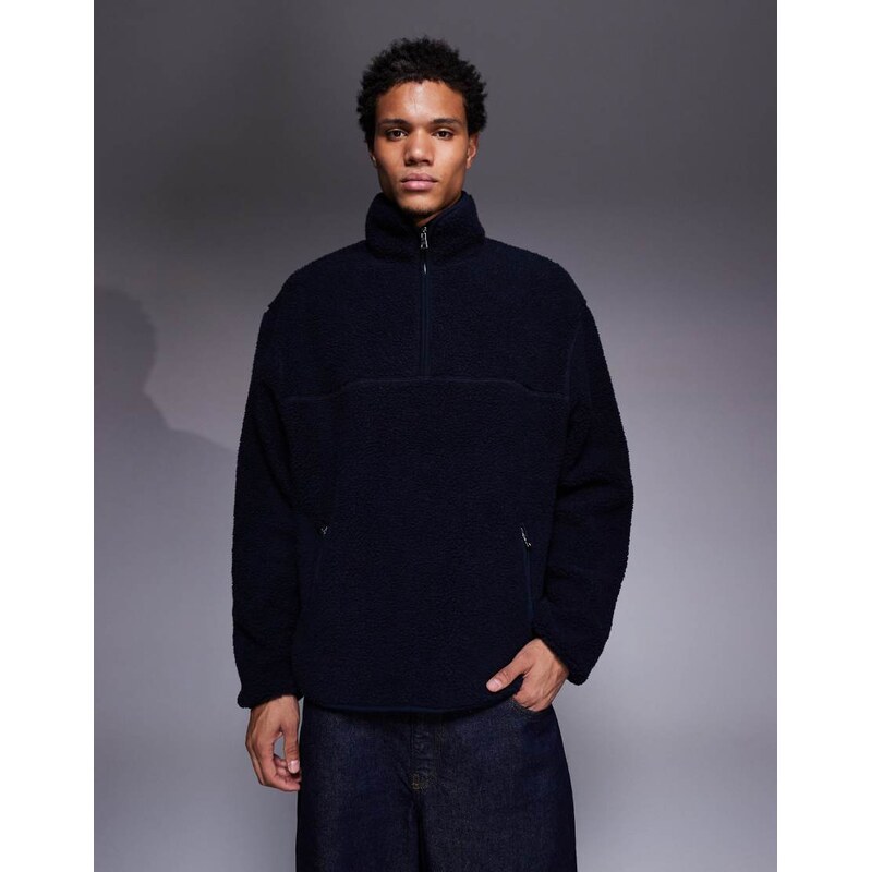 ASOS DESIGN relaxed zip through funnel neck borg sweatshirt in navy