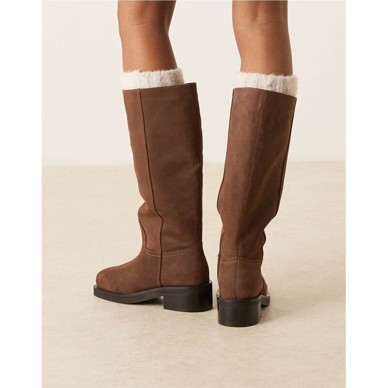 ASOS DESIGN Cynthia leather trucker pull on knee boots in chocolate nubuck-Brown