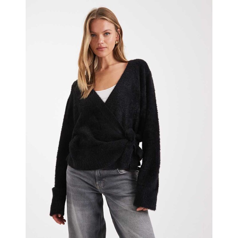 ASOS DESIGN knitted eyelash wrap cardigan in black