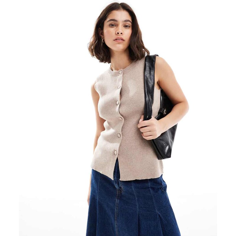 Miss Selfridge knit waisted waistcoat in mocha-Brown