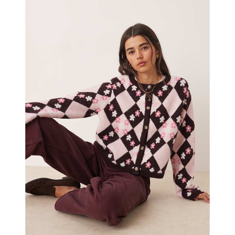 Miss Selfridge argyl floral cardigan in mono-Multi
