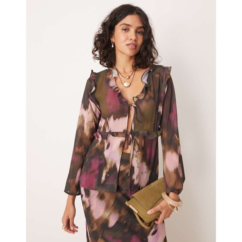 Pretty Lavish long sleeve ruffle top co-ord in abstract print-Multi 108821476