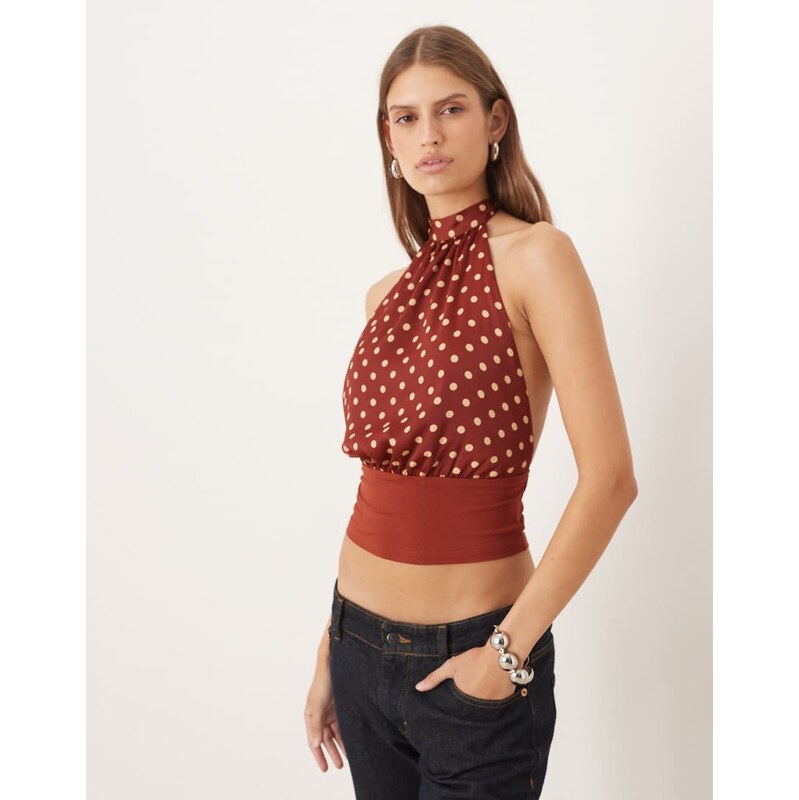 Motel Rania tie neck polka dot top in burnt red