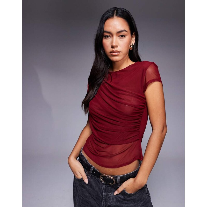 ASOS DESIGN mesh short sleeve drape front top in burgundy-Red