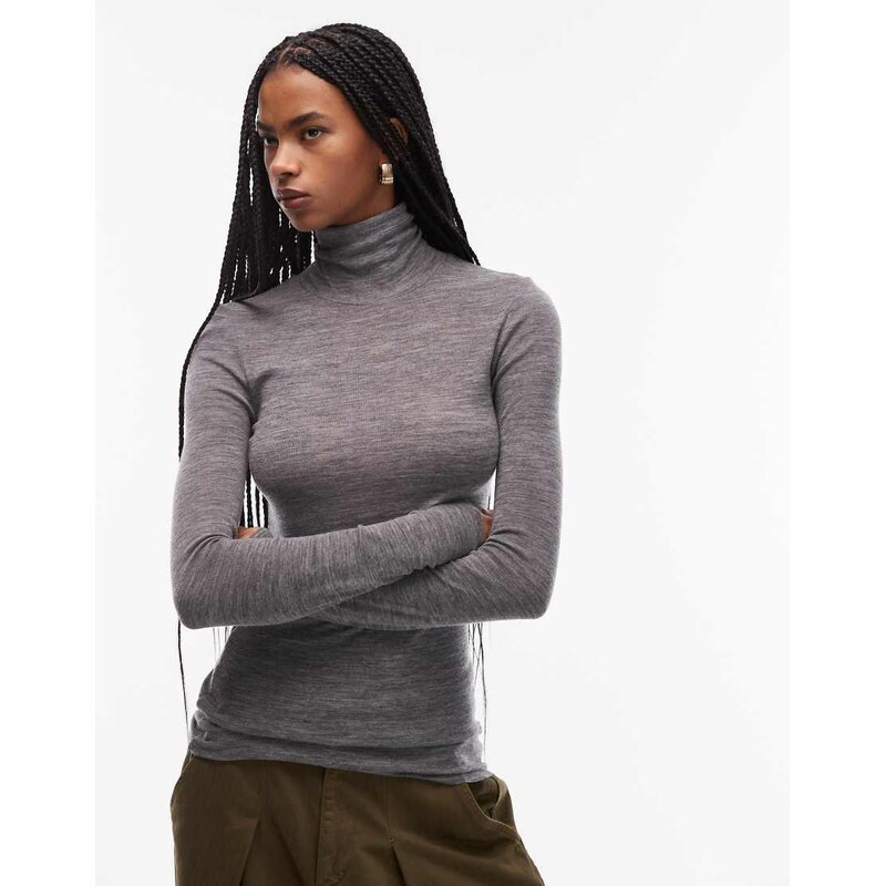 ARKET merino wool knitted semi sheer turtle neck top in grey 108821631