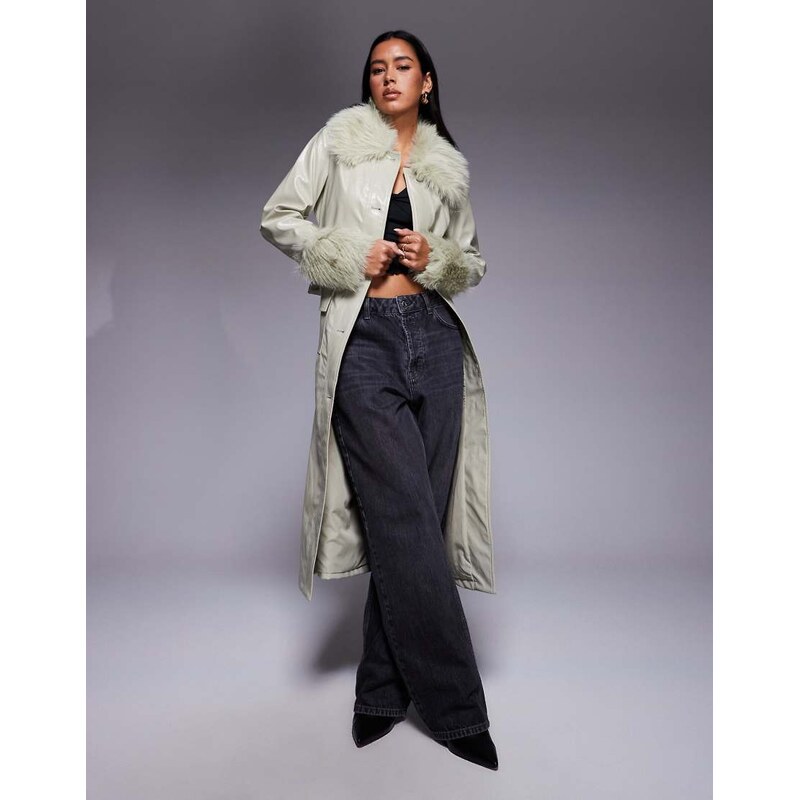 River Island vinyl trench with faux fur trims in pistachio green 113263440