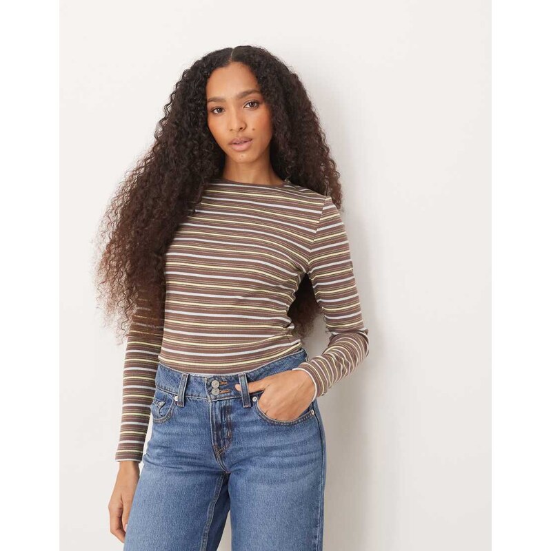 ASOS DESIGN long sleeve ribbed t-shirt in brown stripe