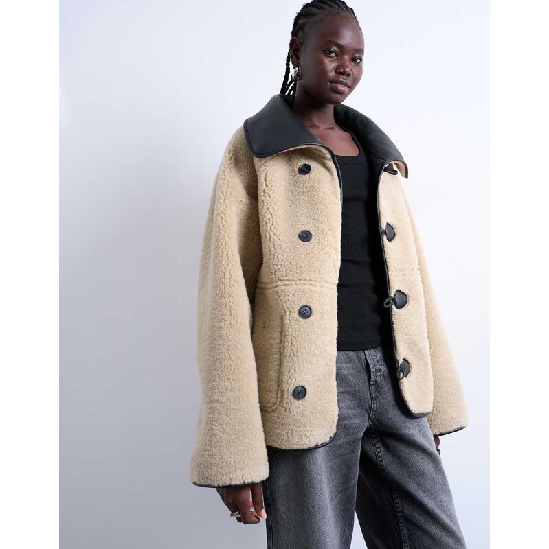 Topshop shearling oversized reversible coat with button loop in black 108824800