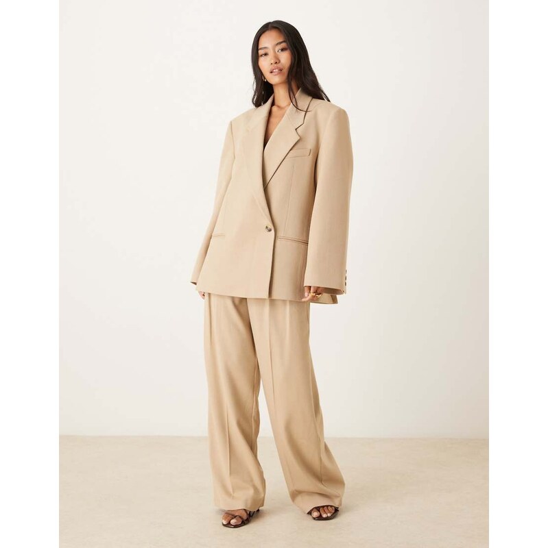 ASOS DESIGN tailored wide leg trousers with tab detail trousers in sand-Neutral