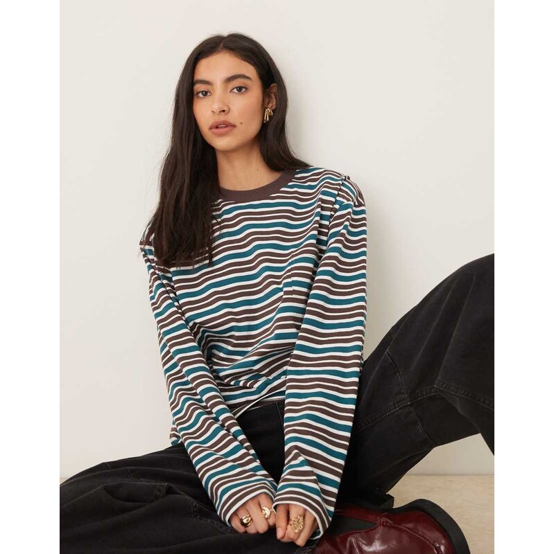 ASOS DESIGN long sleeve skater tee in green & choc stripe-Multi