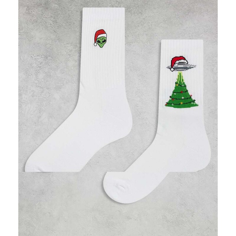 ASOS DESIGN 2 pack socks with Christmas space graphic in white 108824825