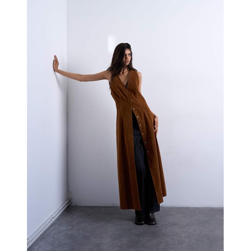 Topshop faux suede hidden button plaquette midi dress in brown